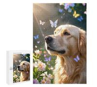 1000 Piece Jigsaw Puzzle - Golden Retriever with Butterfly - Wooden Puzzle for Adults - Ideal for Dog Lovers and Nature Art Fans