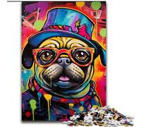 1000 Piece Jigsaw Puzzle Graffiti Painting Pug Made of Wood, Fun at Home Activities, Birthday Present, Travel Gifts 50x75cm for Family Interactive Game