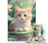 1000 Piece Jigsaw Puzzle Kitten And Frog on Lily Pad Turkish Van Brain Teaser Game Decompressing Intellectual Birthday Present Gifts 50x75cm