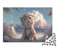 1000 Piece Jigsaw Puzzle Kitten with Glasses on The Beach Adults Family Pet Cardboard Educational Indoor Activity Decoration Gift 38x26cm/1000pcs