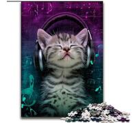 1000-Piece Jigsaw Puzzle Kitten with Headphones Challenging Puzzles 26X38CM Educational Activity for Cognitive Skills Cognitive Skill Improvement