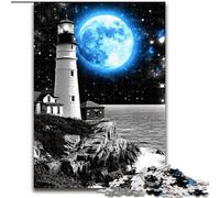 1000 Piece Jigsaw Puzzle Lighthouse Under The Blue Moon Impossible Jigsaw Puzzles for Adults 26X38CM for Holidays, Birthdays, And Family Game Nights