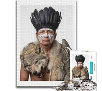 1000 Piece Jigsaw Puzzle, Native American Man with Wolf and Sparrow