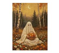 1000 Piece Jigsaw Puzzle, Oil-Painting Cute Ghost Autumn Wildflower Puzzle for Adults, Birch Forest Crescent Moon Fall Harvest Jigsaw, Home Decor Family Game Gift, 1000-Piece1000 PCS
