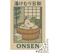 1000 Piece Jigsaw Puzzle, Onsen Cat Wall Art Japanese Bath Poster Cozy Bathroom Decor Cute Tabby Print Zen, 70x50cm/1000pcs, for Adults, Idea, Family Activity And Cosy Winter Evenings