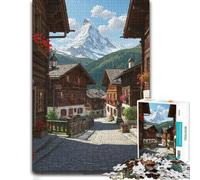 1000 Piece Jigsaw Puzzle, Picturesque Village with Mountain Backdrop