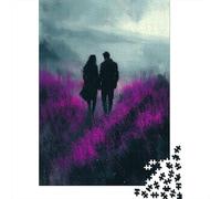 1000 Piece Jigsaw Puzzle, Romantic Walk Through Lavender Purple Fields in Charcoal Style, 52x38cm/1000pcs, for Adults, Family Activity, Quiet Home Time And Couples And Families