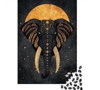 1000 Piece Jigsaw Puzzle, Sacred Elephant Vector Portrait with Golden Moon, 52x38cm/1000pcs, for Adults, Family Activity, Time Around The Table And Time Together