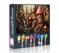 1000 Piece Jigsaw Puzzle Set: Enchanting Fairy Village with Red Mushroom Houses - Cozy Candlelit Windows, Waterfall, Bridge, and Stream - Charming Retro Illustration for Boy and Girl Challenging Game