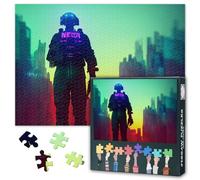 1000 Piece Jigsaw Puzzle Set for Adults Cyberpunk Soldier City Patrol Neon Artwork Futuristic Sci Fi Wall Decor Modern Living Room Puzzle Large Size 27.5x19.7 Inch