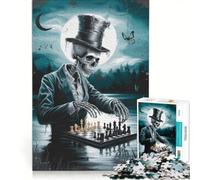 1000 Piece Jigsaw Puzzle Skeleton Chess Player Family Game Pattern Assembly with Fully Interlocking Randomly Shaped Pieces 50x75cm