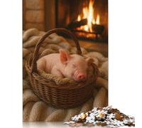 1000 Piece Jigsaw Puzzle Sleeping Piglet in Basket by Fireplace Puzzles for Adults Paper Games Jigsaw Challenge Toy Christmas And Birthday Gifts 38x26cm/1000pcs