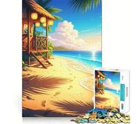1000 Piece Jigsaw Puzzle Tropical Beach Hut at Sunset, Chibi Style Flawless Fit Art Brain Boosting Play Rest Time Play Christmas Wall Art (50x75cm)
