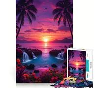 1000 Piece Jigsaw Puzzle Tropical Sunset with Waterfalls And Palm Trees Neat Edge Decor Problem Solve Fun Easy Time Fun Xmas Decor Gift (50x75cm)