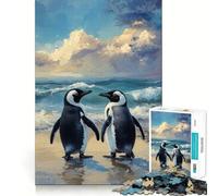 1000 Piece Jigsaw Puzzle Two Penguins on A Beach Painting Neat Edge Decor Problem Solve Fun Easy Time Fun Xmas Decor Gift (38x52cm)