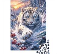 1000-Piece Jigsaw Puzzle with Blue-Eyed White Tiger in Snowy Forest | 38x26cm Winter Wildlife Scene, Blue Eyes and Sunset Contrast, Solo or Shared Puzzling, Cardboard, 1000 Pieces