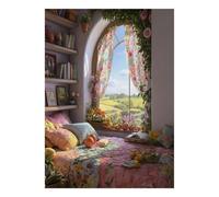 1000 Piece Jigsaw Puzzle with Floral Reading Nook and Country View | 70x50cm Cosy Reading Scene, Pastel Floral Patterns, At-Home Puzzling, Assemble Window and Shelves First, Cardboard Pieces