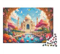 1000 Piece Jigsaw Puzzle with Taj Mahal, Lotus Pool and Gardens | 70x50cm Architectural Scene, Pink and Turquoise Contrasts, Shared Puzzling, Follow the Central Symmetry, Cardboard Pieces