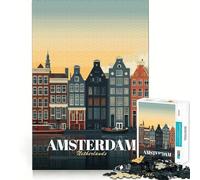 1000 Piece Jigsaw Puzzles Amsterdam Netherlands Cityscape Illustration Tight Fit Play Logic Thinking Play Chill Play Time Xmas Art Gift (38x52cm)