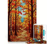 1000 Piece Jigsaw Puzzles Autumn Forest Path Stained Glass Style Perfect Cut Fun Smart Play Activity Cozy Fun Time Birthday Art Play (50x75cm)