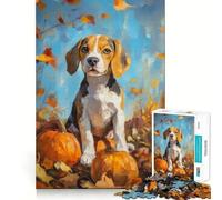 1000 Piece Jigsaw Puzzles Beagle Puppy with Pumpkins Painting Clean Fit Decor Smart Mind Activity Cozy Time Play Christmas Fun Gift (38x26cm)