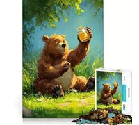 1000 Piece Jigsaw Puzzles- Bear with Honey Jar Illustration Accurate Cut Fun Thinking Fun Game Slow Time Fun Christmas Home Art (50x75cm)