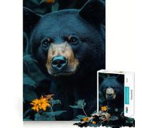 1000 Piece Jigsaw Puzzles Black Bear Portrait in Floral Setting Clean Fit Decor Smart Mind Activity Cozy Time Play Christmas Fun Gift (38x26cm)