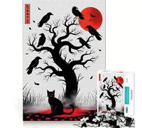 1000 Piece Jigsaw Puzzles- Black Cat And Crows Under Red Moon Accurate Cut Fun Thinking Fun Game Slow Time Fun Christmas Home Art (50x75cm)