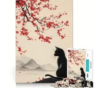 1000 Piece Jigsaw Puzzles- Black Cat And The Cherry Blossom Tree Neat Edge Decor Thinking Training Toy Easy Time Fun Birthday Game Gift (38x26cm)