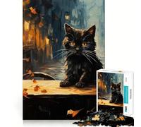 1000 Piece Jigsaw Puzzles- Black Cat at Cafe at Night Accurate Cut Fun Thinking Fun Game Slow Time Fun Christmas Home Art (38x52cm)