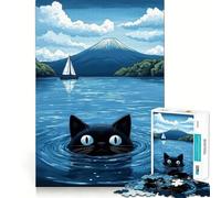 1000 Piece Jigsaw Puzzles Black Cat by Mount Fuji Clean Fit Decor Smart Mind Activity Cozy Time Play Christmas Fun Gift (38x52cm)