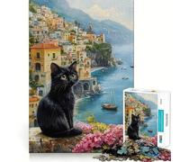1000 Piece Jigsaw Puzzles Black Cat by The Sea Clean Fit Decor Smart Mind Activity Cozy Time Play Christmas Fun Gift (38x52cm)