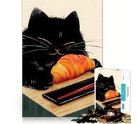 1000 Piece Jigsaw Puzzles- Black Cat Eating Croissant Neat Edge Decor Thinking Training Toy Easy Time Fun Birthday Game Gift (38x26cm)