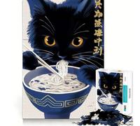 1000 Piece Jigsaw Puzzles- Black Cat Eating Noodles Neat Edge Decor Thinking Training Toy Easy Time Fun Birthday Game Gift (38x26cm)