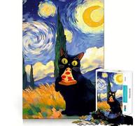 1000 Piece Jigsaw Puzzles- Black Cat Eating Pizza Starry Night Neat Edge Decor Thinking Training Toy Easy Time Fun Birthday Game Gift (38x26cm)