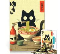 1000 Piece Jigsaw Puzzles- Black Cat Eating Ramen Illustration Neat Edge Decor Thinking Training Toy Easy Time Fun Birthday Game Gift (38x52cm)