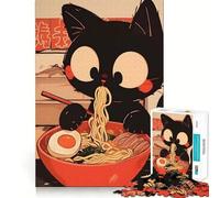1000 Piece Jigsaw Puzzles- Black Cat Eating Ramen - Tokyo Noodle Neat Edge Decor Thinking Training Toy Easy Time Fun Birthday Game Gift (38x52cm)