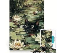 1000 Piece Jigsaw Puzzles Black Cat in A Lily Pond Accurate Cut Fun Mental Challenge Toy Rest Time Game Birthday Art Play (38x52cm)