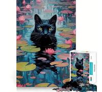 1000 Piece Jigsaw Puzzles Black Cat in Waterlilies Precise Fit Game, Creative Fun Toy, Peace Game Play, Christmas Calm Gift (38x26cm)