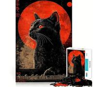 1000-piece Jigsaw Puzzles Black Cat Red Moon Japanese Asian Artwork Accurate Cut Art, Mental Challenge Toy, Easy Play Game, Birthday Mind Gift (38x26cm)