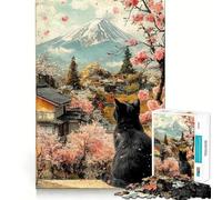 1000 Piece Jigsaw Puzzles- Black Cat ﹨u Cherry Blossoms Asian Japanese Landscape Accurate Cut Fun Thinking Fun Game Slow Time Fun Christmas Home Art (38x52cm)
