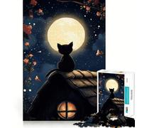 1000-piece Jigsaw Puzzles Black Cat Under Full Moon Accurate Cut Art, Mental Challenge Toy, Easy Play Game, Birthday Mind Gift (38x52cm)