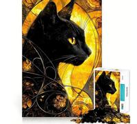 1000-piece Jigsaw Puzzles Black Cat with Golden Stained Glass Accurate Cut Art, Mental Challenge Toy, Easy Play Game, Birthday Mind Gift (38x26cm)