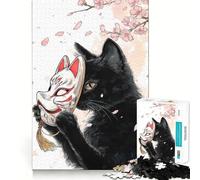 1000 Piece Jigsaw Puzzles Black Cat with Kitsune Mask Precise Fit Game, Creative Fun Toy, Peace Game Play, Christmas Calm Gift (38x26cm)