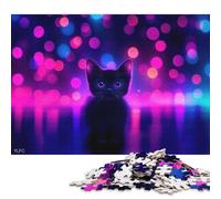 1000 Piece Jigsaw Puzzles Black Kitten in Neon Lights Creative Square Paper Jigsaw Puzzles for Adults 38x26cm/1000pcs