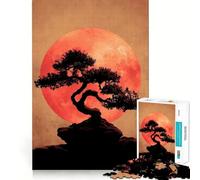 1000-piece Jigsaw Puzzles Bonsai Tree Silhouette with Red Moon Accurate Cut Art, Mental Challenge Toy, Easy Play Game, Birthday Mind Gift (38x52cm)