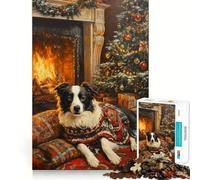 1000 Piece Jigsaw Puzzles Border Collie in Christmas Sweater by Fireplace Precise Fit Game, Creative Fun Toy, Peace Game Play, Christmas Calm Gift (50x75cm)