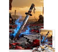 1000-piece Jigsaw Puzzles Broken Katana in Battlefield with Blue Flames Jigsaw Puzzles for Teenagers Difficult Challenge Fun Activities at Home Toy Intellectual Game (38x52cm)