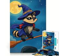 1000 Piece Jigsaw Puzzles Cartoon Raccoon Witch Flying on Broom Accurate Cut Fun Mental Challenge Toy Rest Time Game Birthday Art Play (38x52cm)
