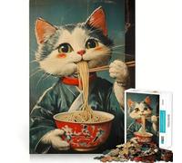 1000 Piece Jigsaw Puzzles Cat Eating Noodles Accurate Cut Fun Mental Challenge Toy Rest Time Game Birthday Art Play (38x26cm)